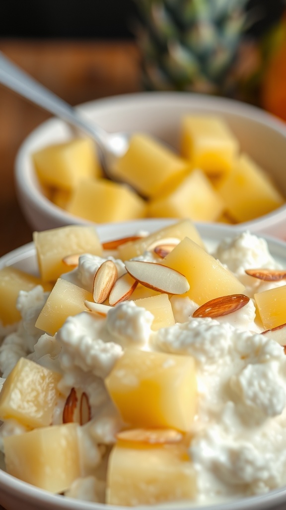 A bowl of cottage cheese topped with pineapple and almonds, with an additional bowl of pineapple in the background.