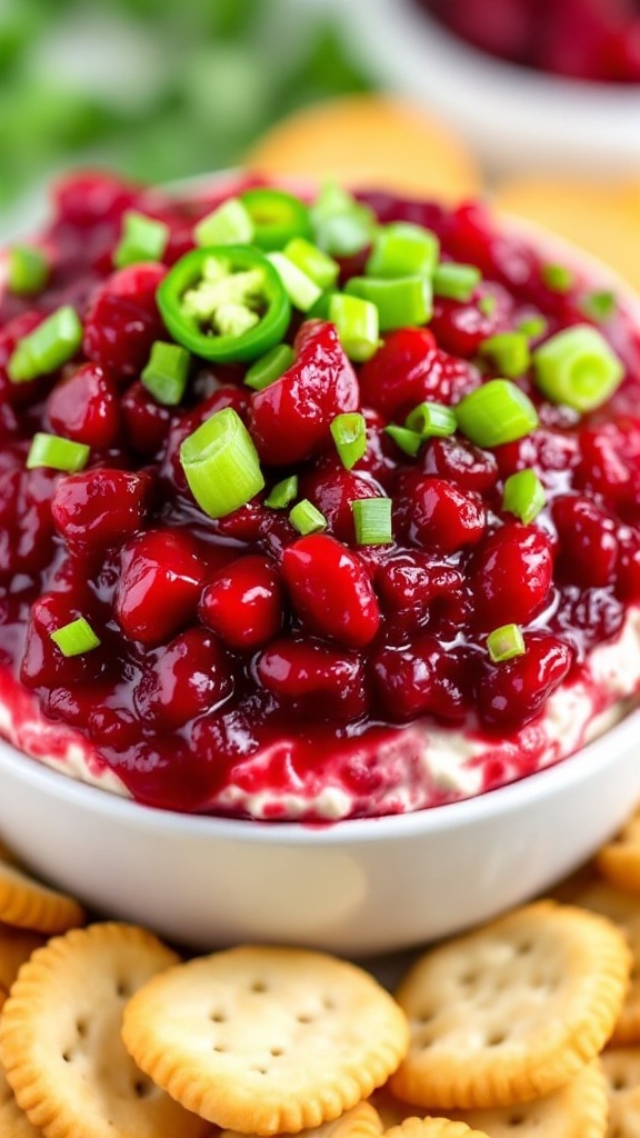 A delicious spread of cranberry jalapeño dip with crackers