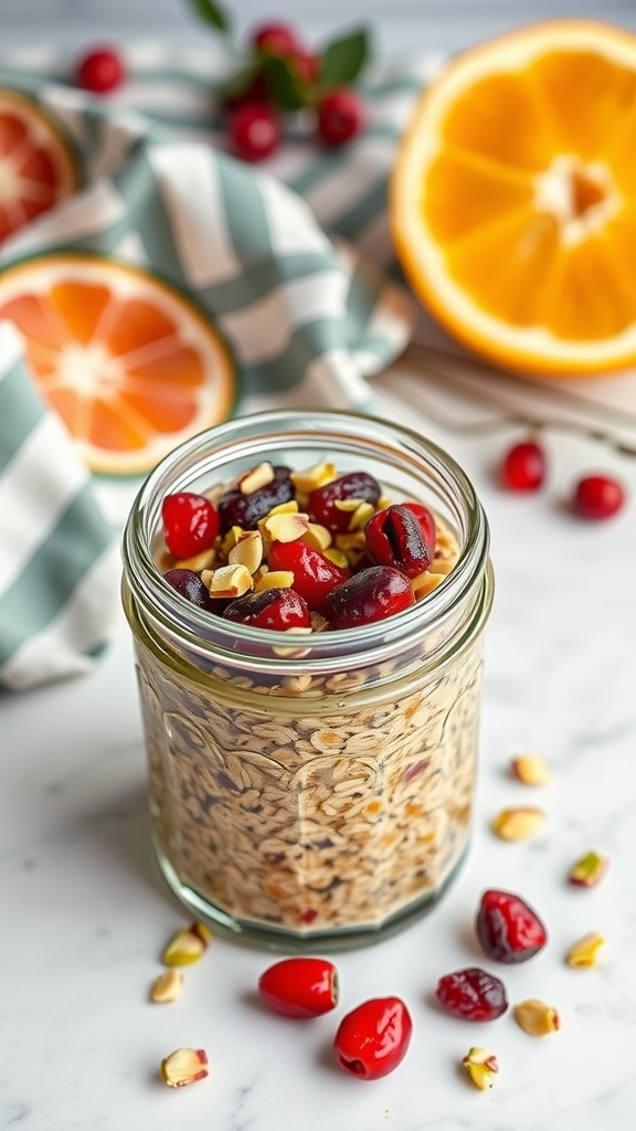 A jar of cranberry orange overnight oats with toppings