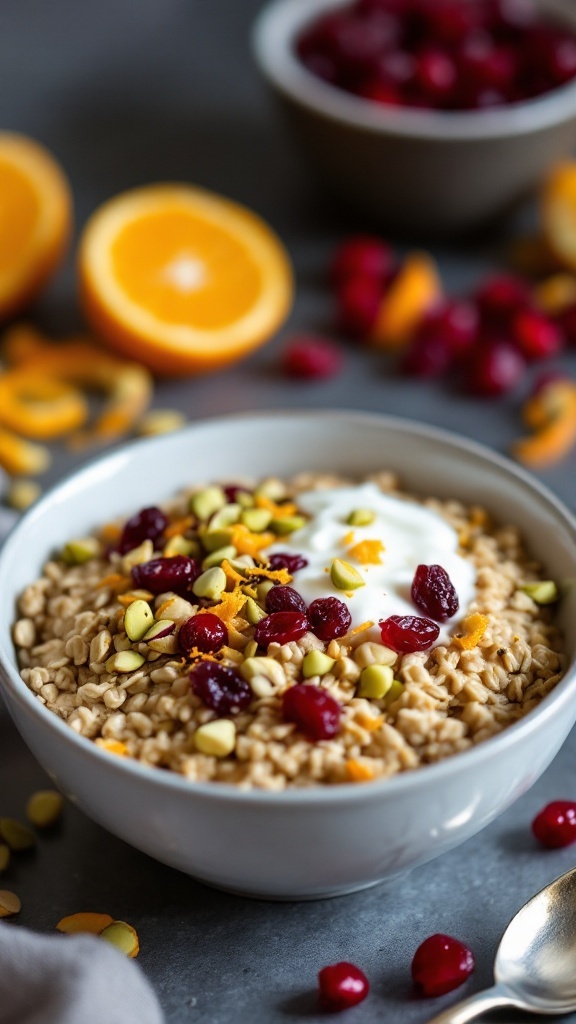 A bowl of cranberry orange overnight oats topped with fresh cranberries and orange slices.