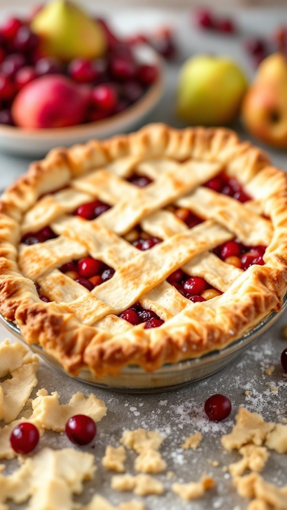 A beautifully arranged cranberry pear pie topped with a lattice crust and surrounded by fresh cranberries and pears.