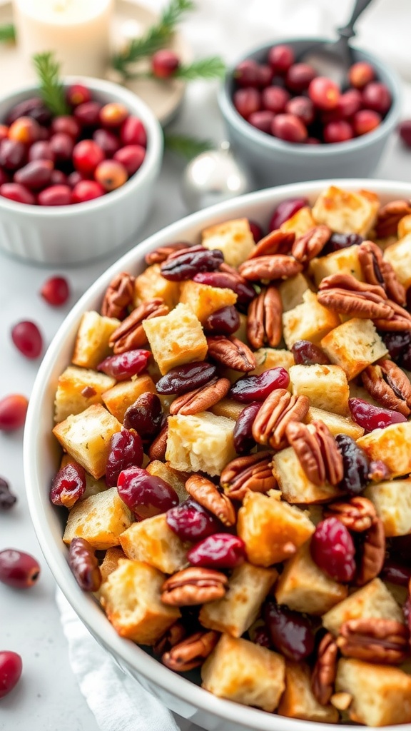 A bowl of cranberry pecan stuffing featuring bread cubes, pecans, and cranberries.