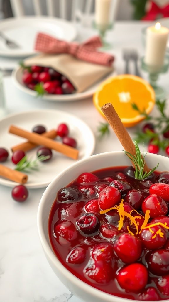 A bowl of cranberry sauce with orange zest, garnished with cinnamon sticks and fresh cranberries.