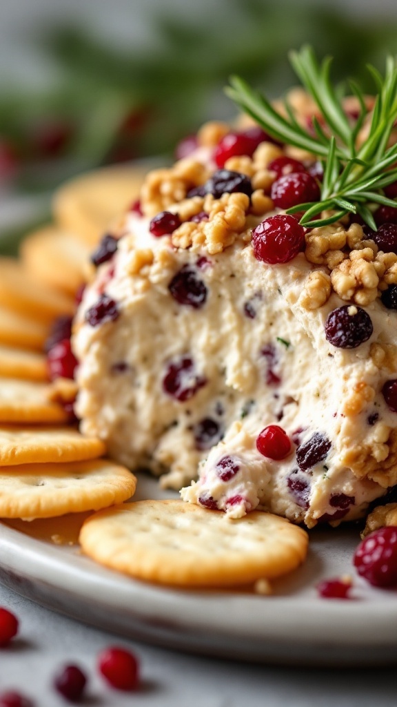 A delicious cranberry walnut cheese ball surrounded by crackers.
