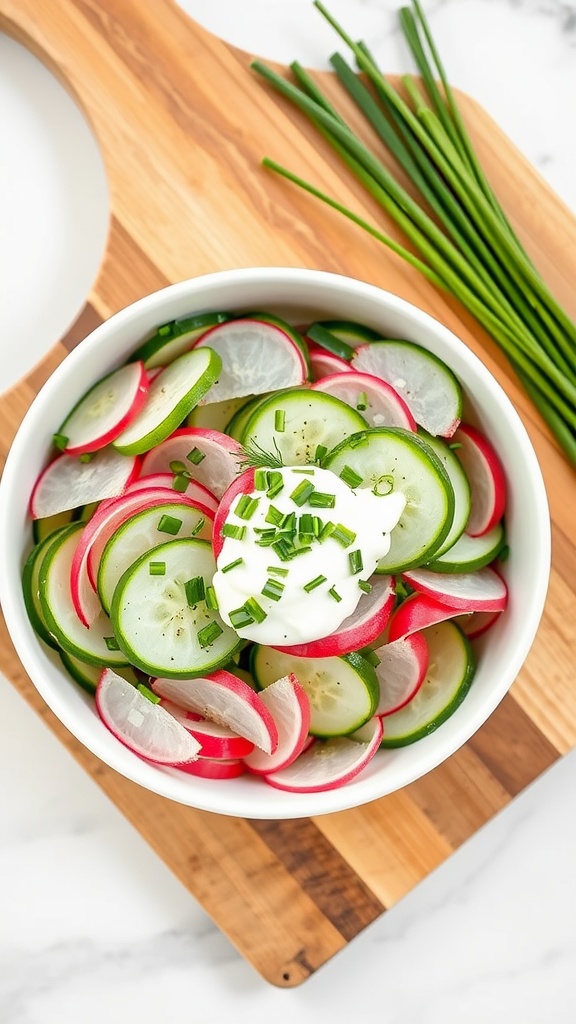 A bowl of creamy cucumber radish salad garnished with chives.