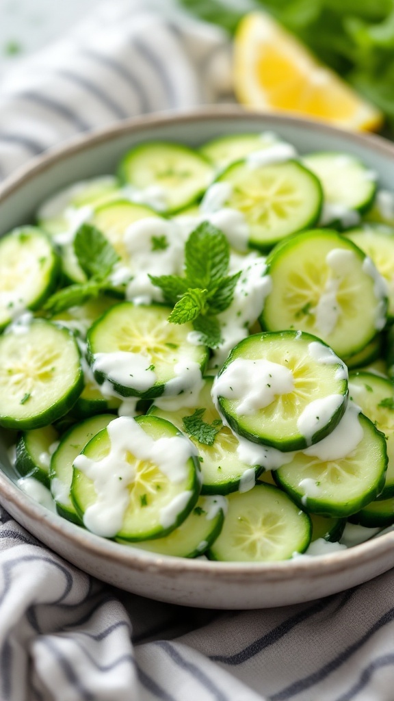A bowl of creamy cucumber yogurt salad garnished with mint and lemon.