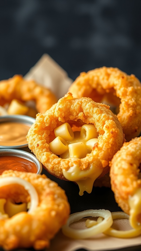 Crispy mac and cheese-stuffed onion rings served with dipping sauces