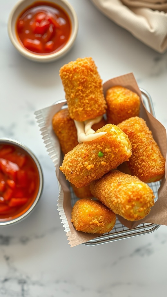 An appetizing plate of crispy mozzarella sticks with dipping sauces