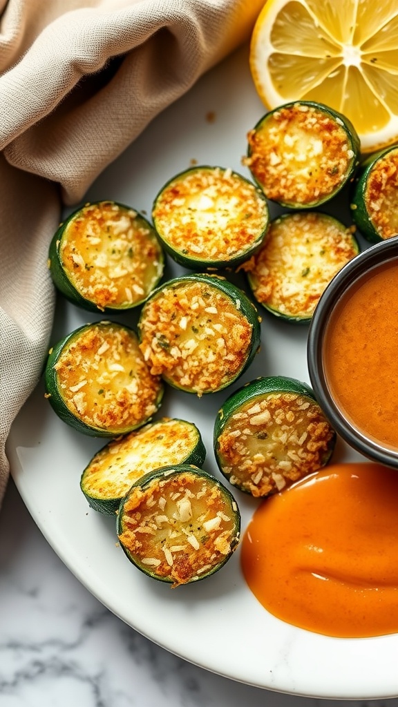 Crispy Parmesan Zucchini Bites served with dipping sauce