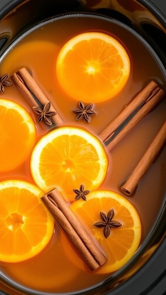 A warm crockpot filled with apple cider, orange slices, and cinnamon sticks.