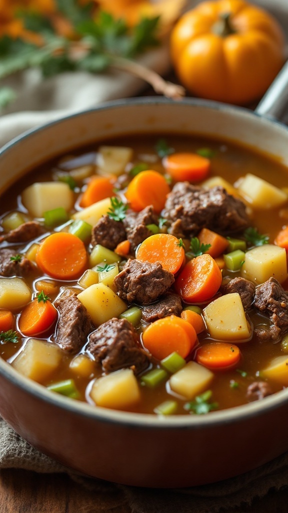 A bowl of hearty beef and vegetable soup with chunks of beef, carrots, and potatoes.