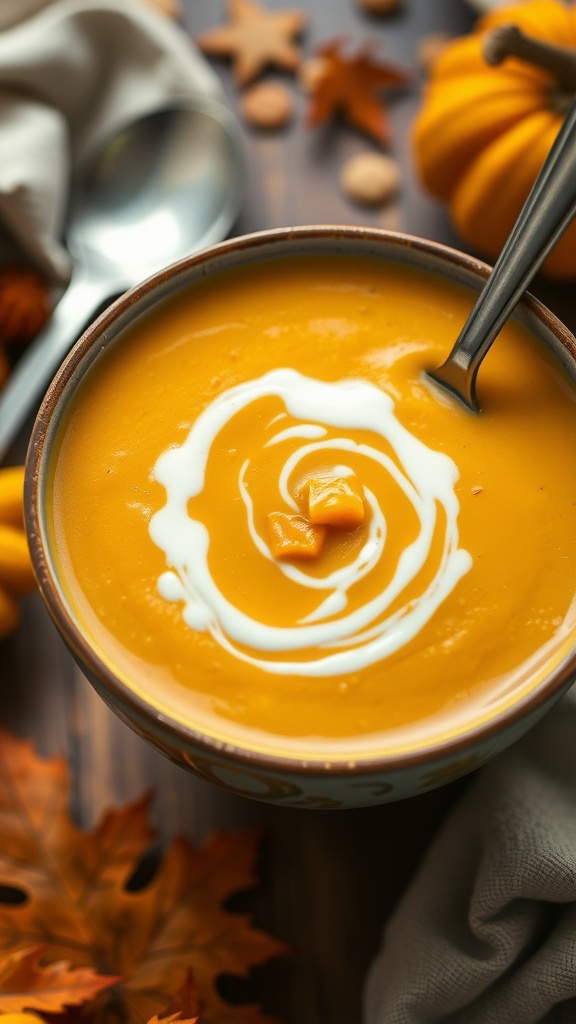 A bowl of creamy butternut squash soup with a swirl of cream on top.