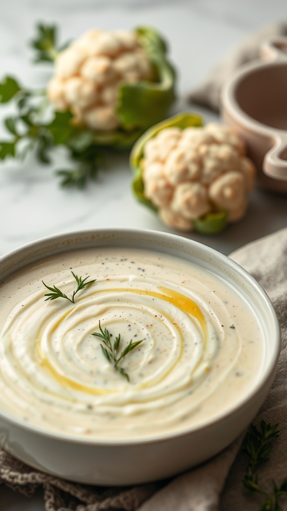 A bowl of creamy cauliflower and potato soup with herbs on top.