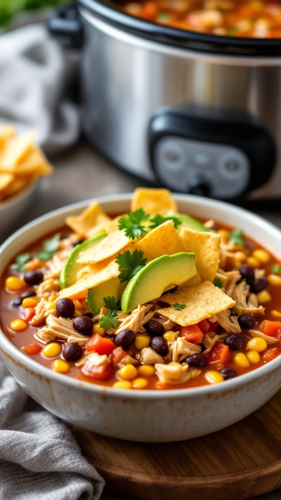 A bowl of Crockpot Chicken Tortilla Soup with tortilla strips and avocado.