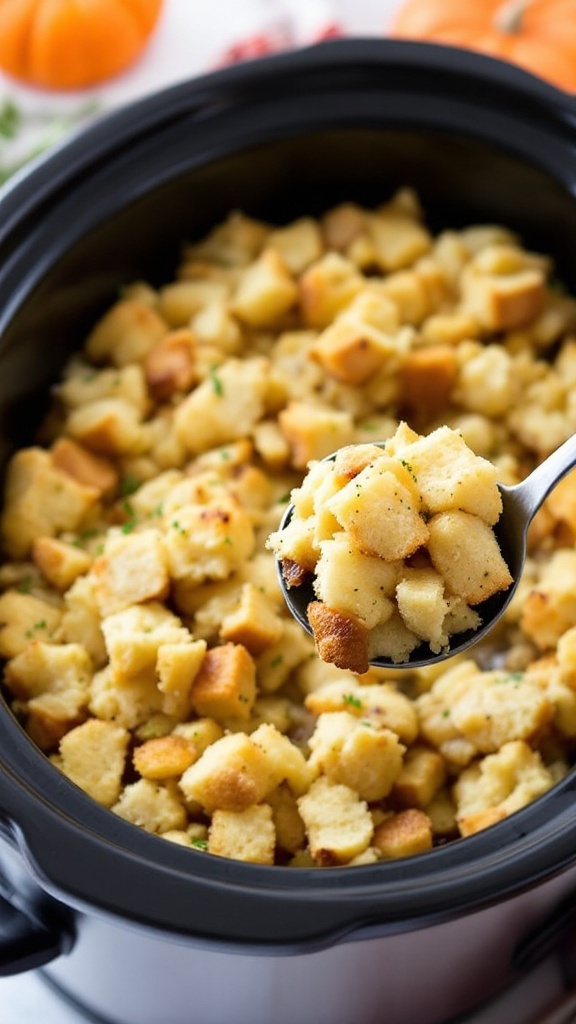 A serving of classic crockpot stuffing with herbs and bread cubes.