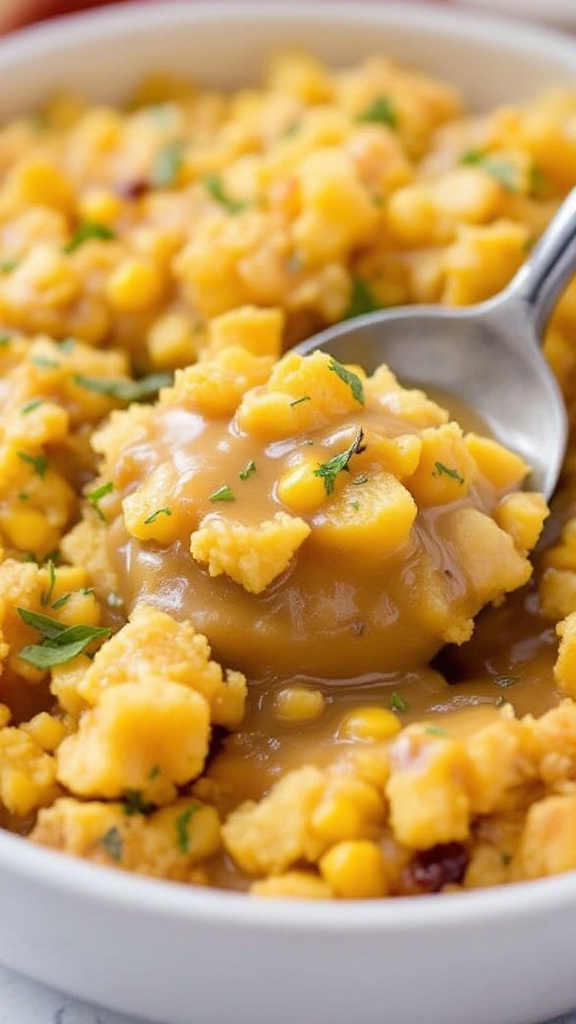 A bowl of cornbread dressing with gravy and herbs