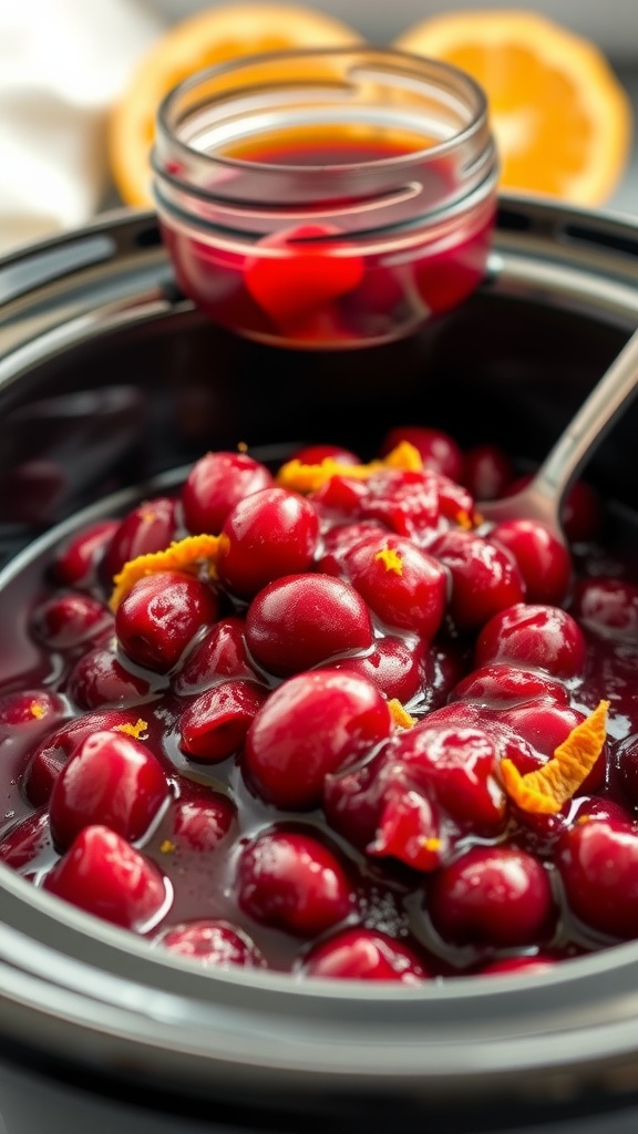 A homemade crockpot cranberry sauce with fresh cranberries and orange zest.
