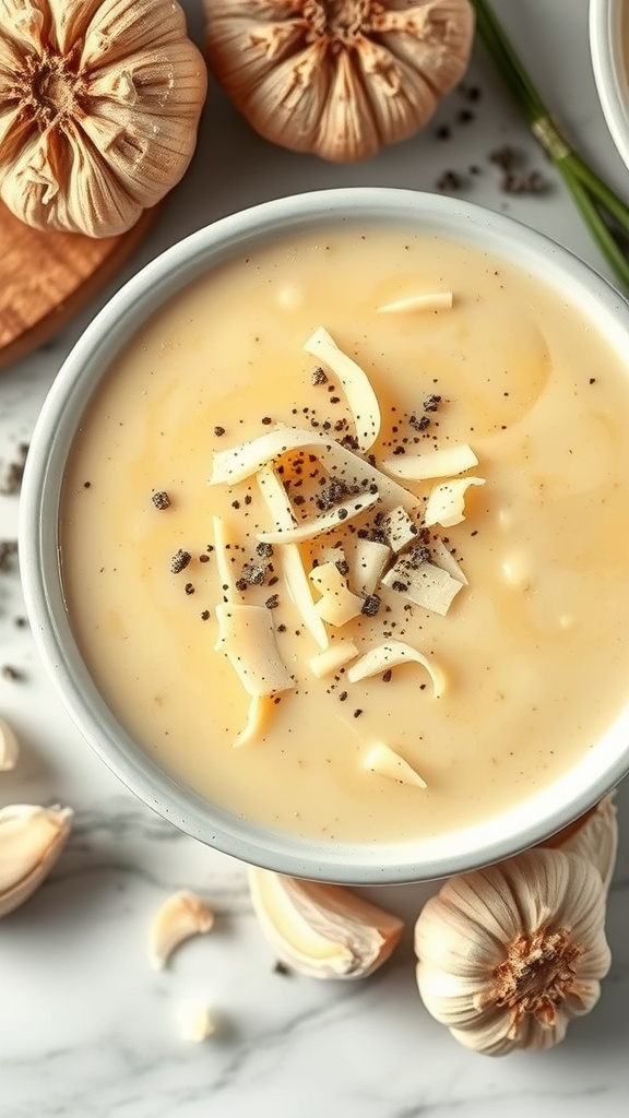 A bowl of creamy garlic parmesan potato soup with garlic cloves in the background.