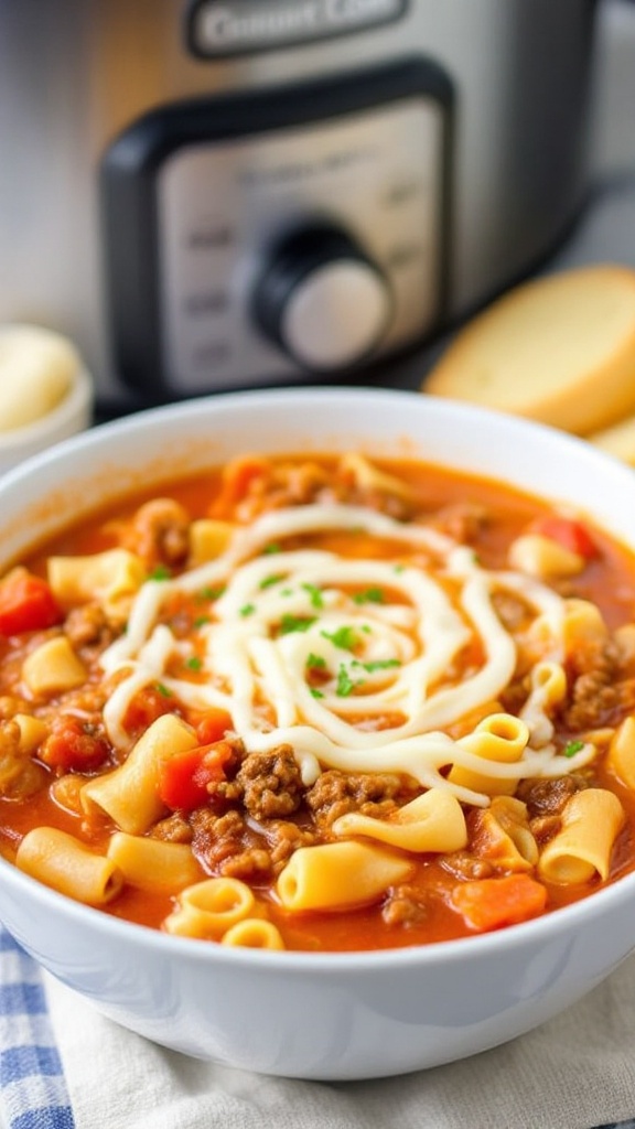 A bowl of lasagna soup with noodles and cheese, served with a crockpot in the background.