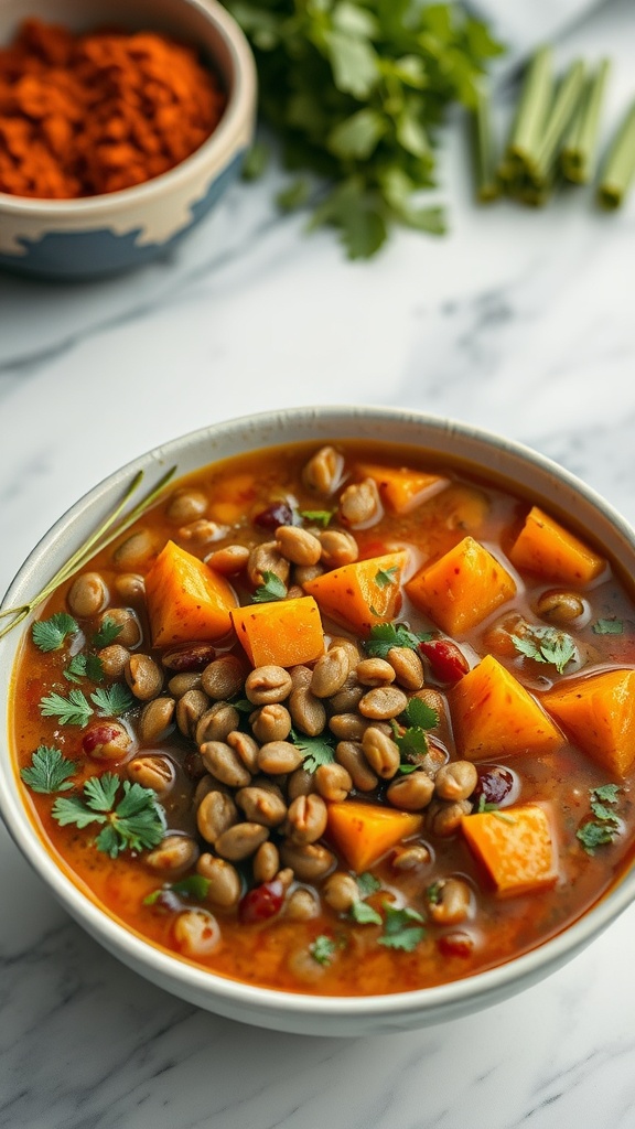 Delicious bowl of lentil and sweet potato soup topped with herbs