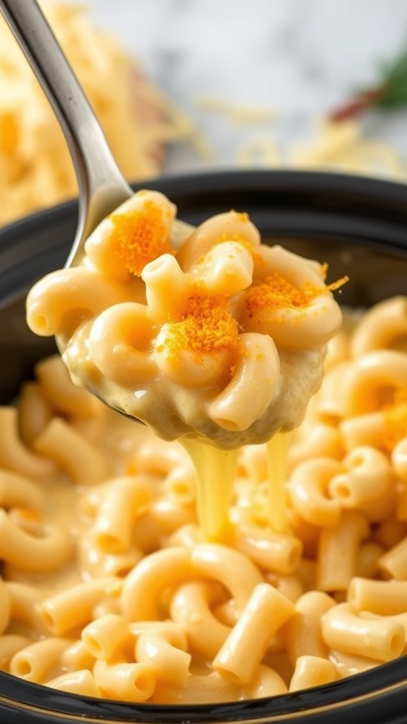 A spoonful of creamy macaroni and cheese being lifted from a crockpot.