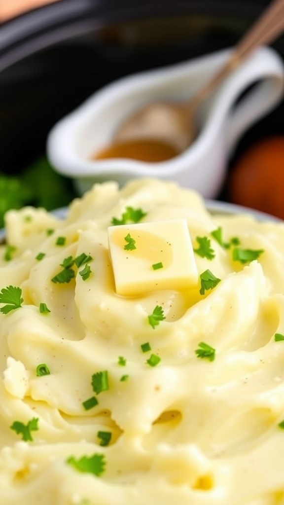 Creamy mashed potatoes garnished with herbs and butter