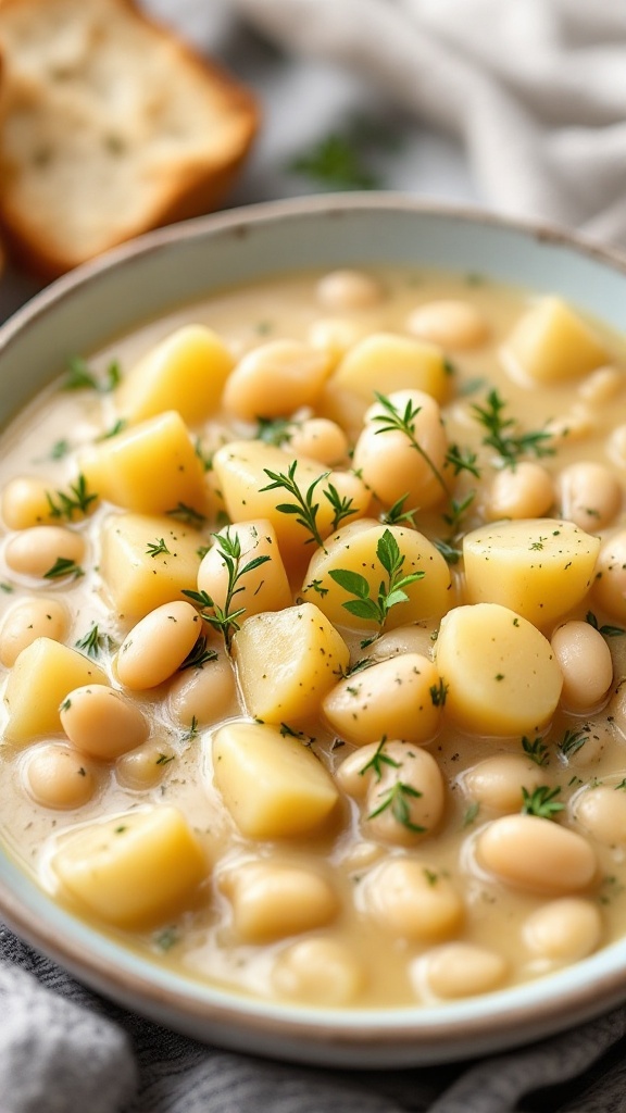 A bowl of creamy potato and white bean soup garnished with thyme and served with a slice of bread.