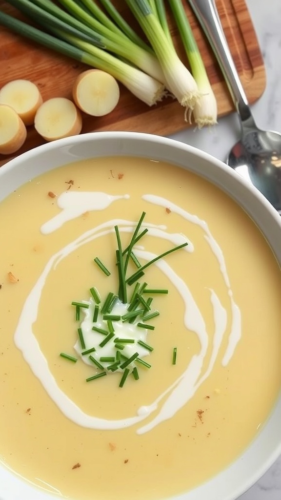 Bowl of creamy potato leek soup garnished with chives.