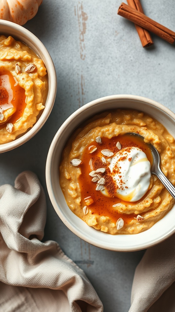 A bowl of pumpkin pie oatmeal topped with yogurt and oats, with cinnamon sticks in the background.