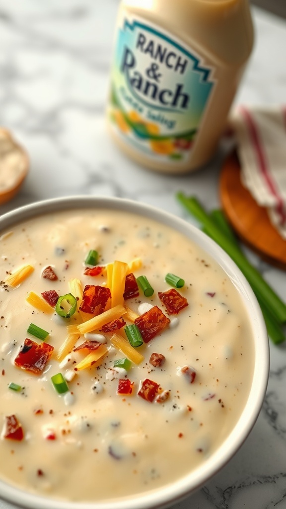 A bowl of creamy ranch potato soup garnished with cheese, bacon, and green onions.