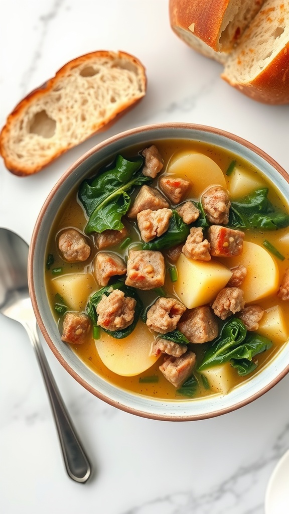 A bowl of hearty sausage and potato soup with spinach, served with bread on the side.