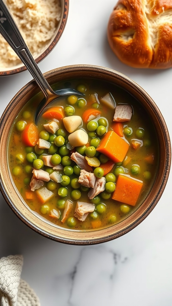 A bowl of split pea and ham soup with vegetables.
