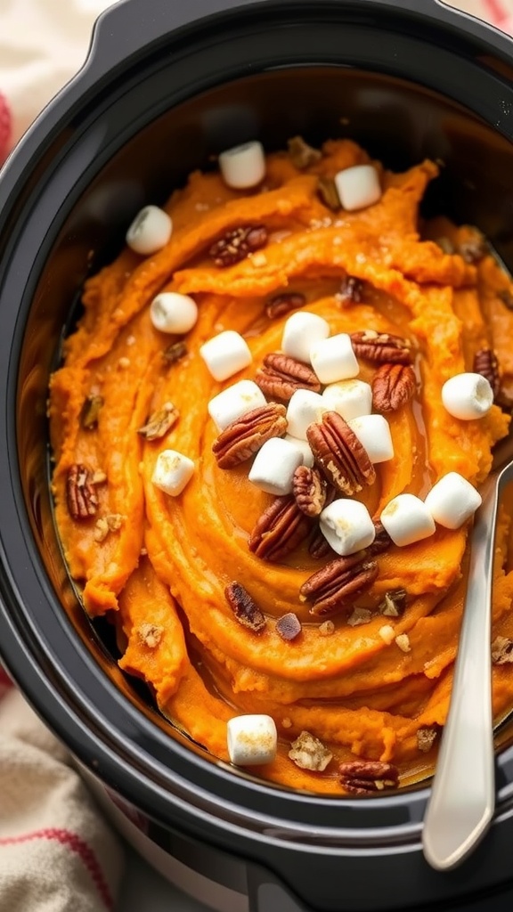 Crockpot Sweet Potato Casserole with marshmallows and pecans