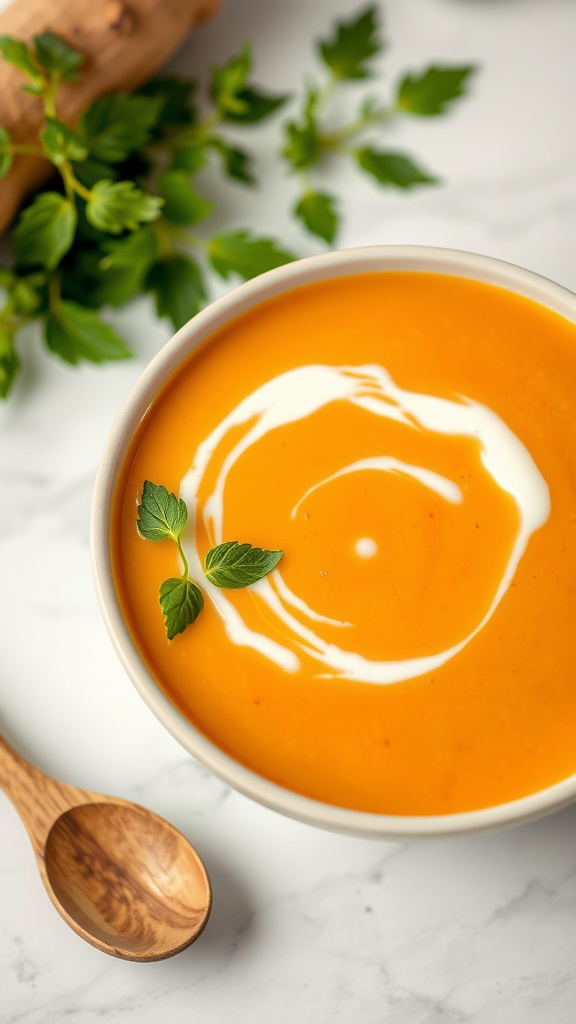 A bowl of creamy sweet potato soup with a swirl of cream and herbs on top.