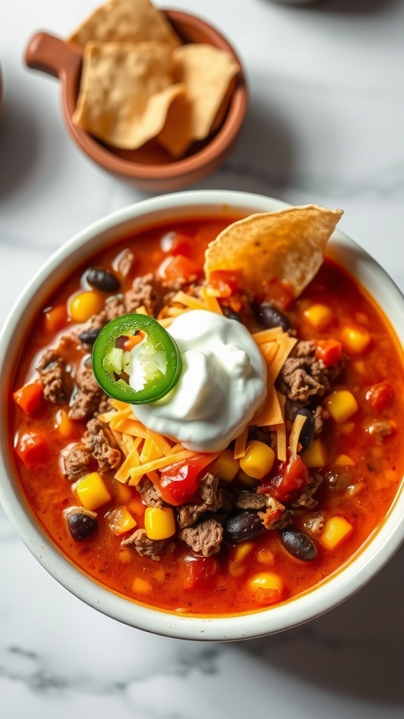 A bowl of taco soup topped with cheese, sour cream, and jalapenos.