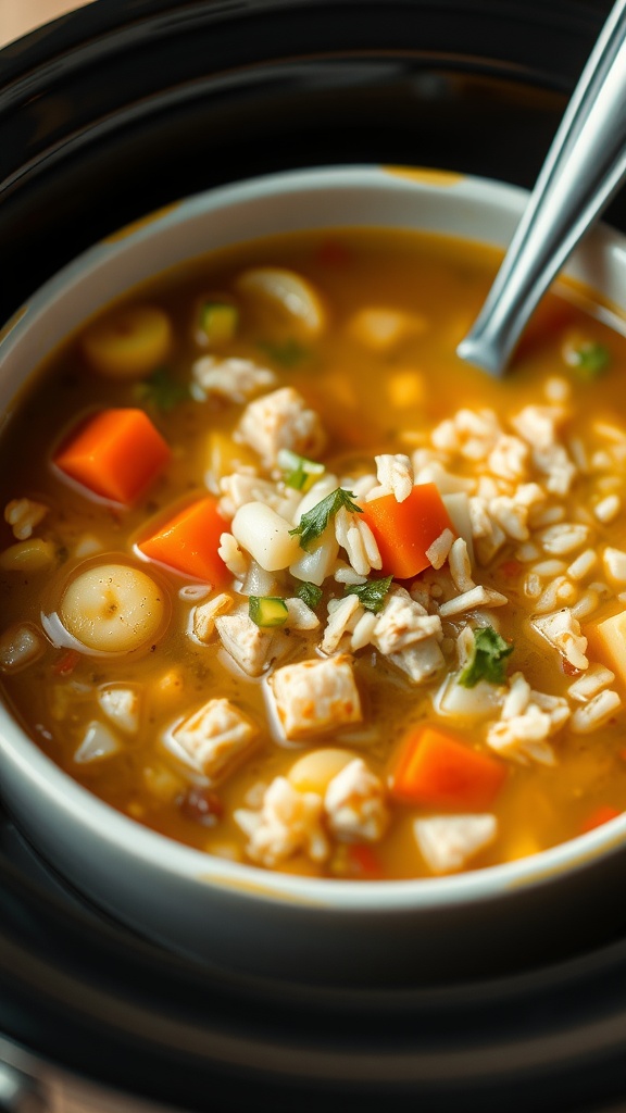 A warm bowl of turkey and rice soup with vegetables.