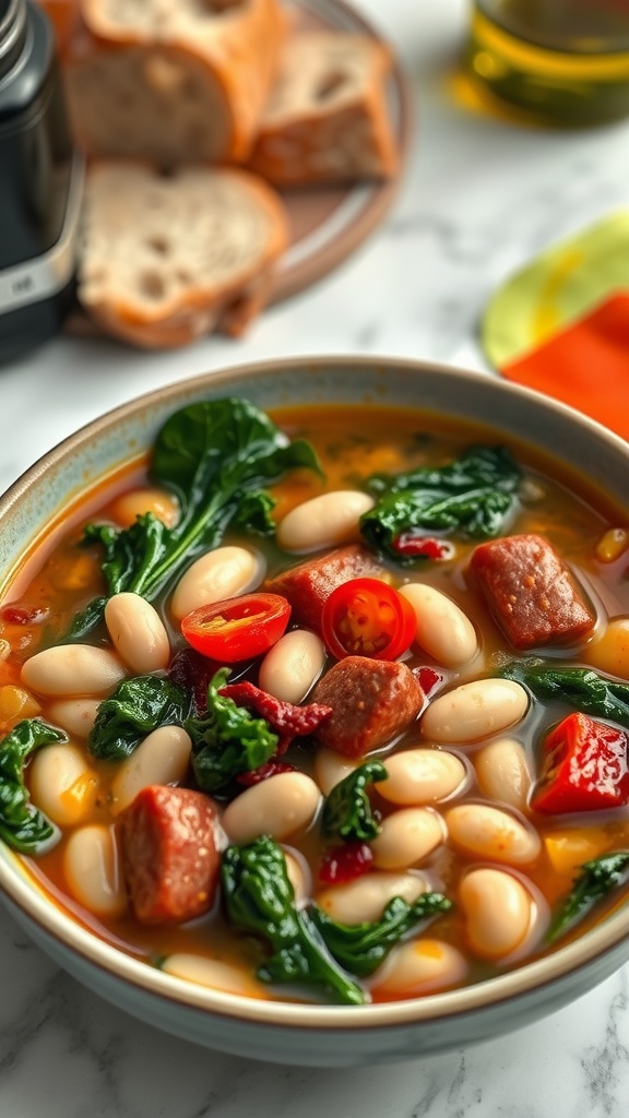 A bowl of hearty Tuscan sausage and kale soup with beans and tomatoes, served with bread on the side.