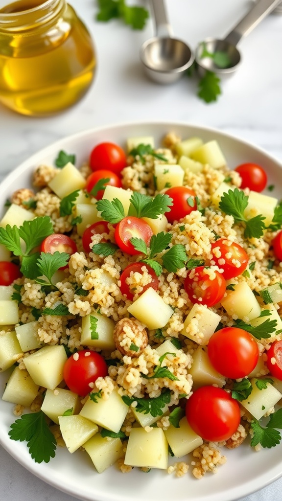 A colorful bowl of cucumber and quinoa salad with cherry tomatoes and fresh herbs.