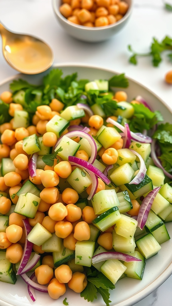 A colorful cucumber chickpea salad with cucumbers, chickpeas, red onions, and cilantro.