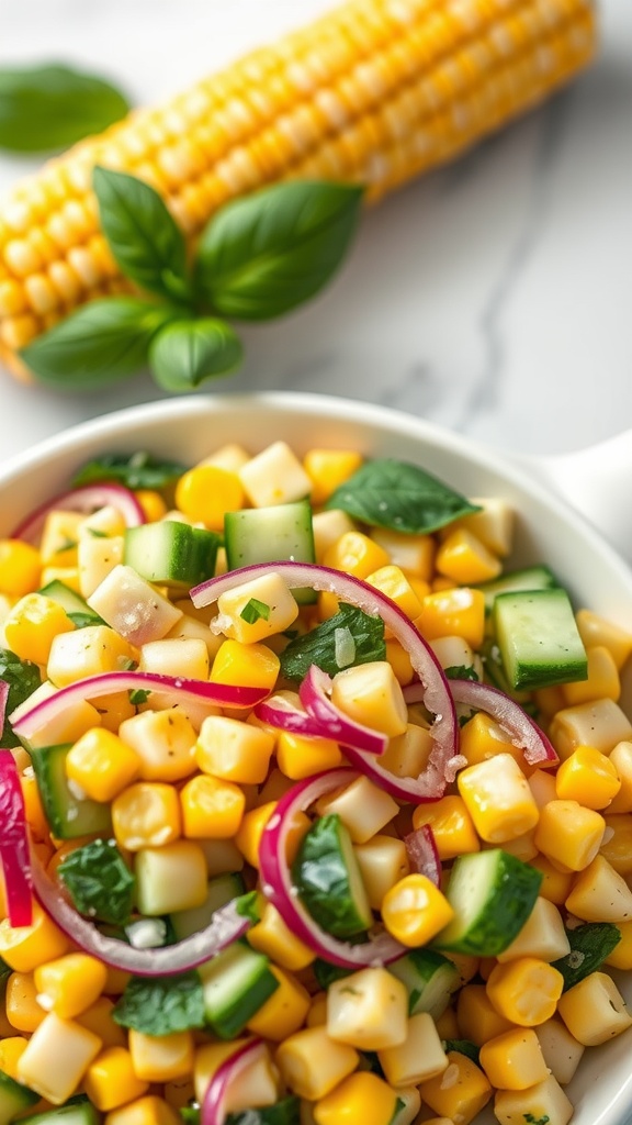 A colorful cucumber corn salad with fresh ingredients.