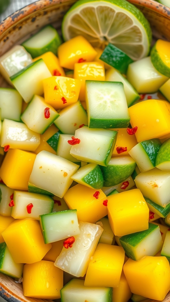 A vibrant bowl of cucumber mango chili salad with lime and chili slices