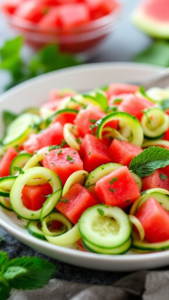 A vibrant Cucumber Mint Watermelon Salad with watermelon cubes, cucumber ribbons, and fresh mint leaves.