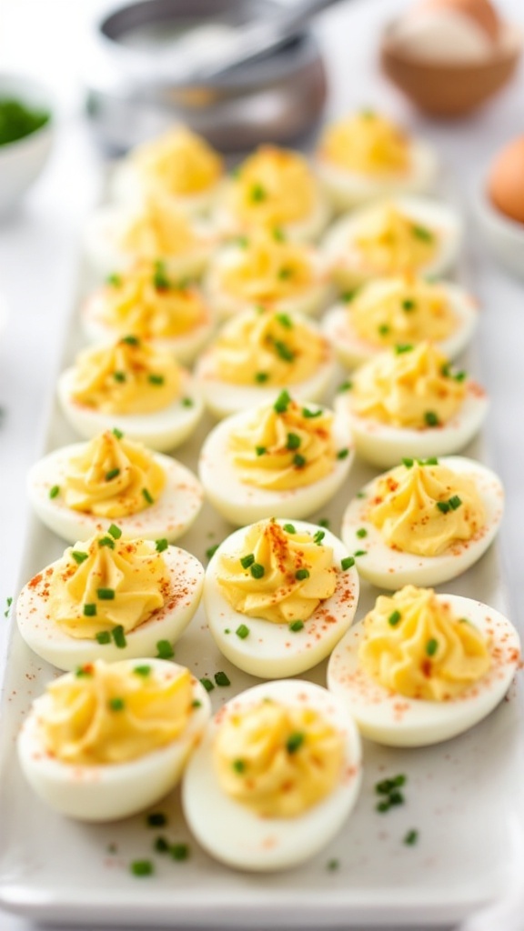 A plate of deviled eggs topped with paprika and chives.