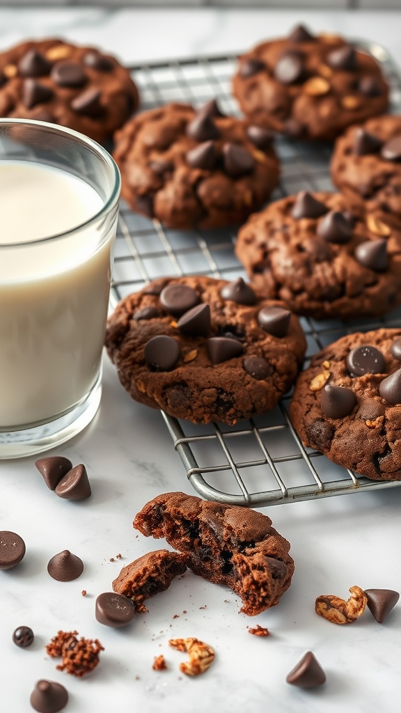Freshly baked double chocolate oatmeal cookies on a cooling rack