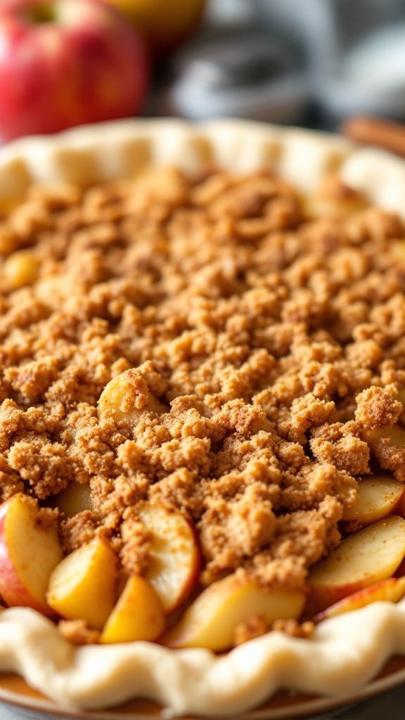 A delicious Dutch apple pie with streusel topping, featuring sliced apples and a crumbly, golden topping.