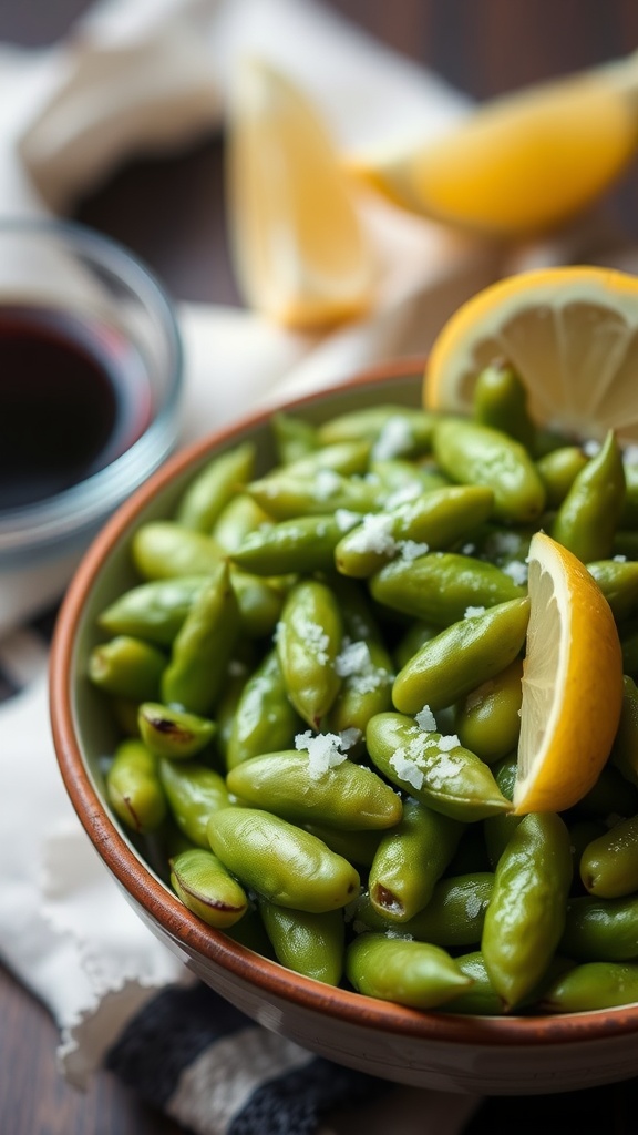 Bowl of edamame sprinkled with sea salt and lemon wedges