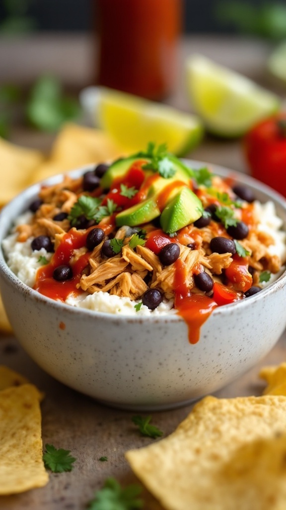 A bowl of enchilada cottage cheese topped with shredded chicken, black beans, bell peppers, avocado, lime wedges, and cilantro.