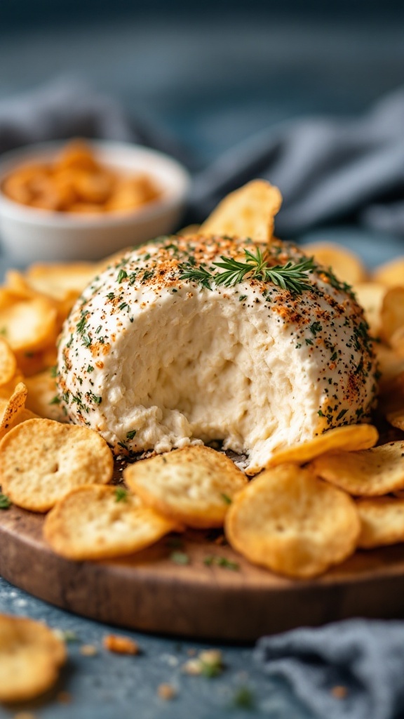 A cheese ball coated with everything bagel seasoning, surrounded by crackers.