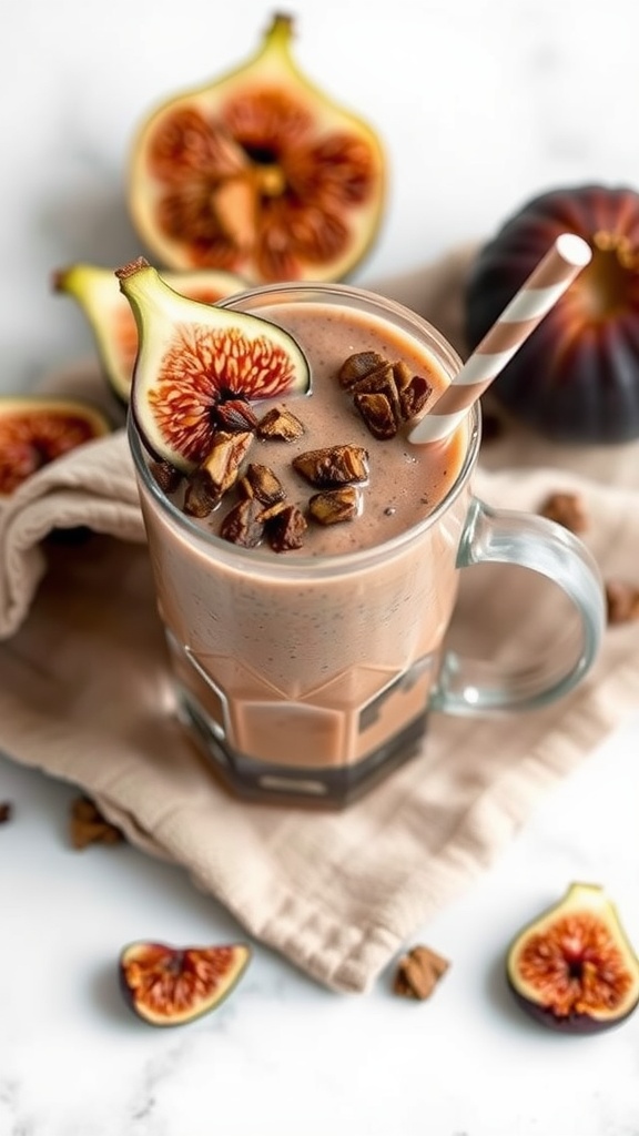 A delicious Fig and Almond Butter Smoothie in a glass with a straw, surrounded by fresh figs.