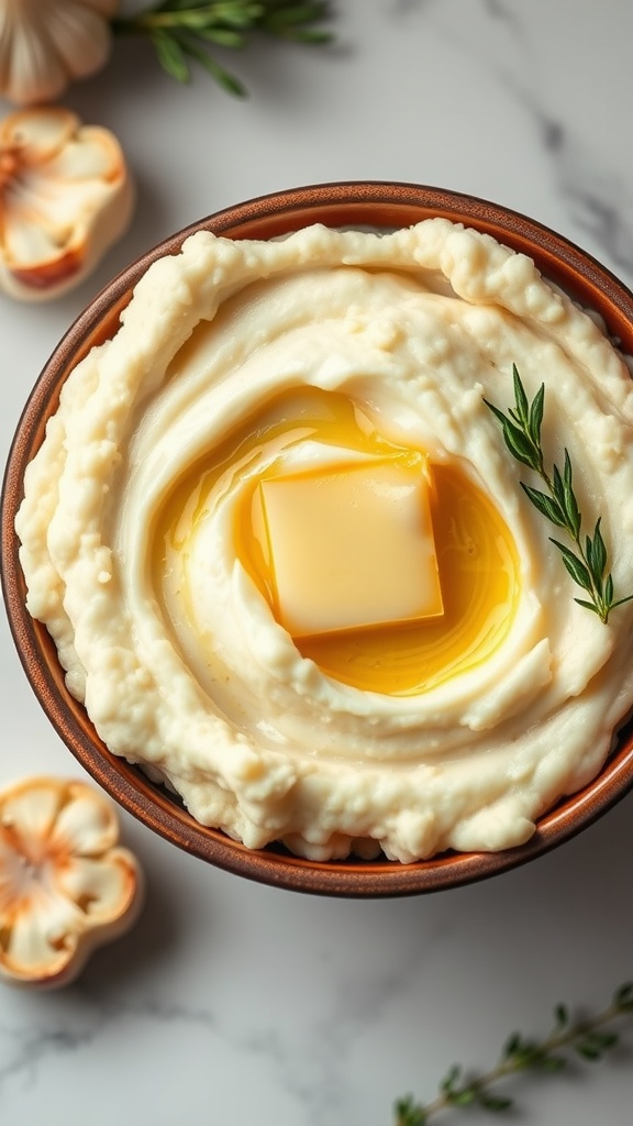 A bowl of creamy garlic mashed cauliflower topped with a pat of butter and herbs.